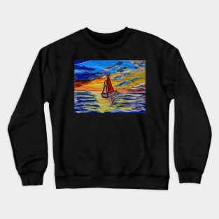 landscape painting of a boat out sailing at sunset Crewneck Sweatshirt